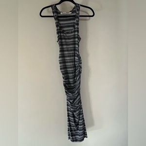 Michael Stars Kali midi dress navy blue gray stripes ruched sides size small